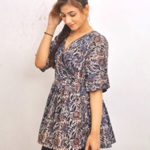 Indigo Cotton Floral Wrap peplum Top 2