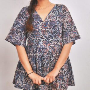 Indigo Cotton Floral Wrap peplum Top 1