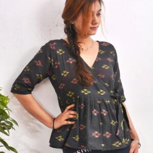 Black Multicolor Ikkat Handwoven Cotton Peplum Top 2