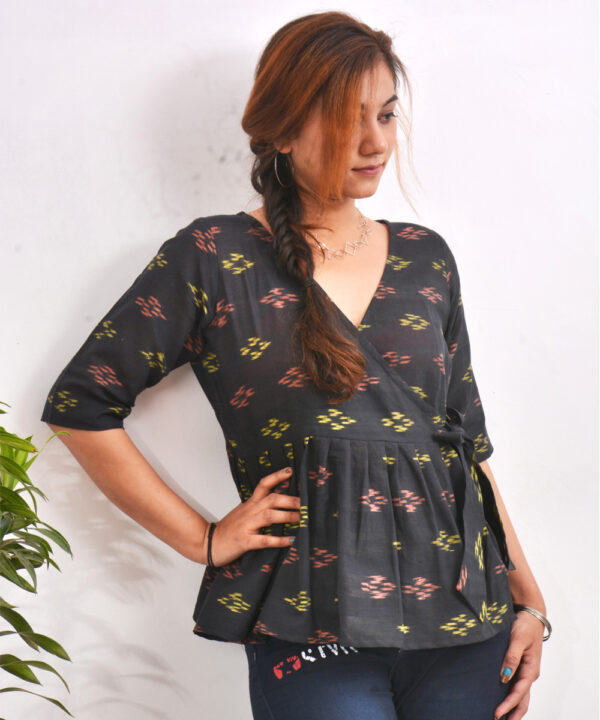 Black Multicolor Ikkat Handwoven Cotton Peplum Top 2