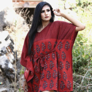 Red Handwoven Cotton Linen Short Handprinted Caftan 2